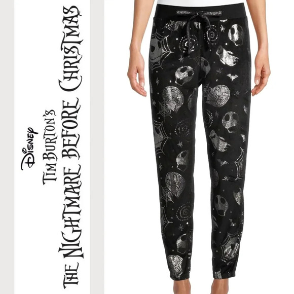 ✨️4/$20. NIGHTMARE BEFORE XMAS Silver Printed Velour Joggers With Elastic Waist - Picture 1 of 16